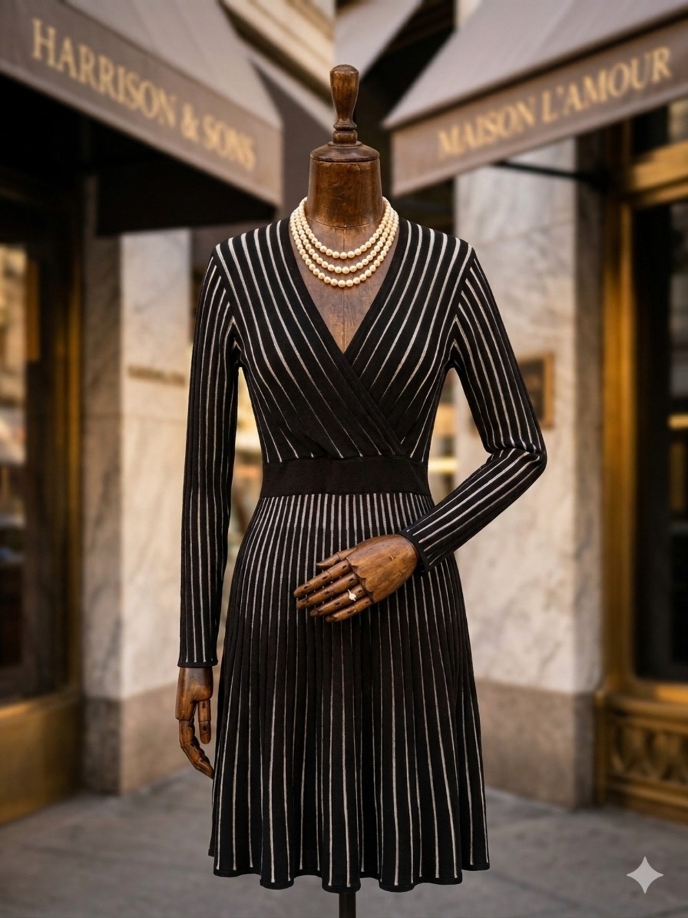 Calvin Klein Striped Rib-Knit Faux Wrap Flared Sweater Dress - Medium